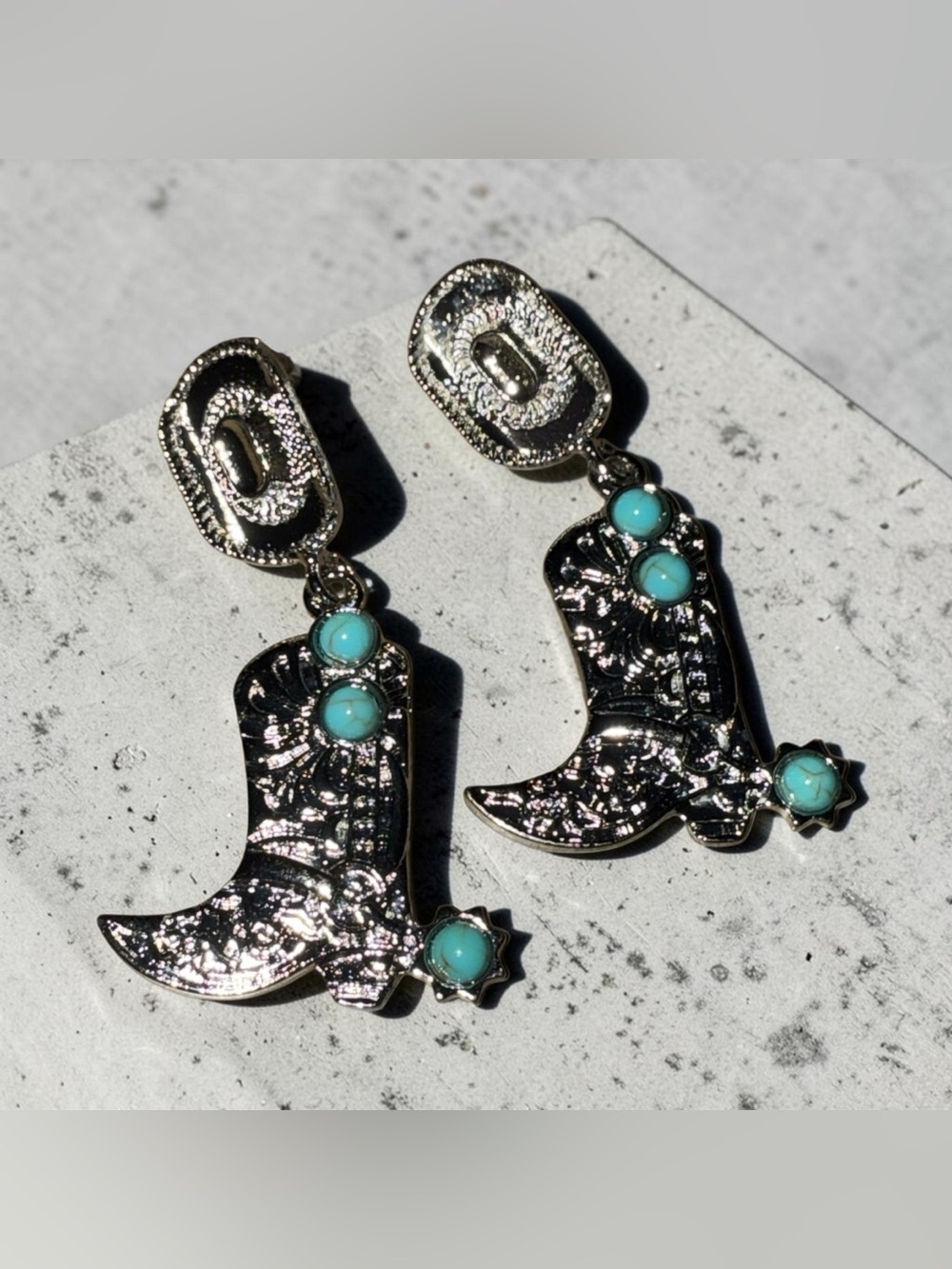 Turquoise Accent Silver Cowboy Boot Drop Earrings